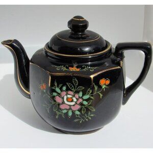 Vintage ornate handpainted Floral gold trim Black Teapot glazed Earthenware